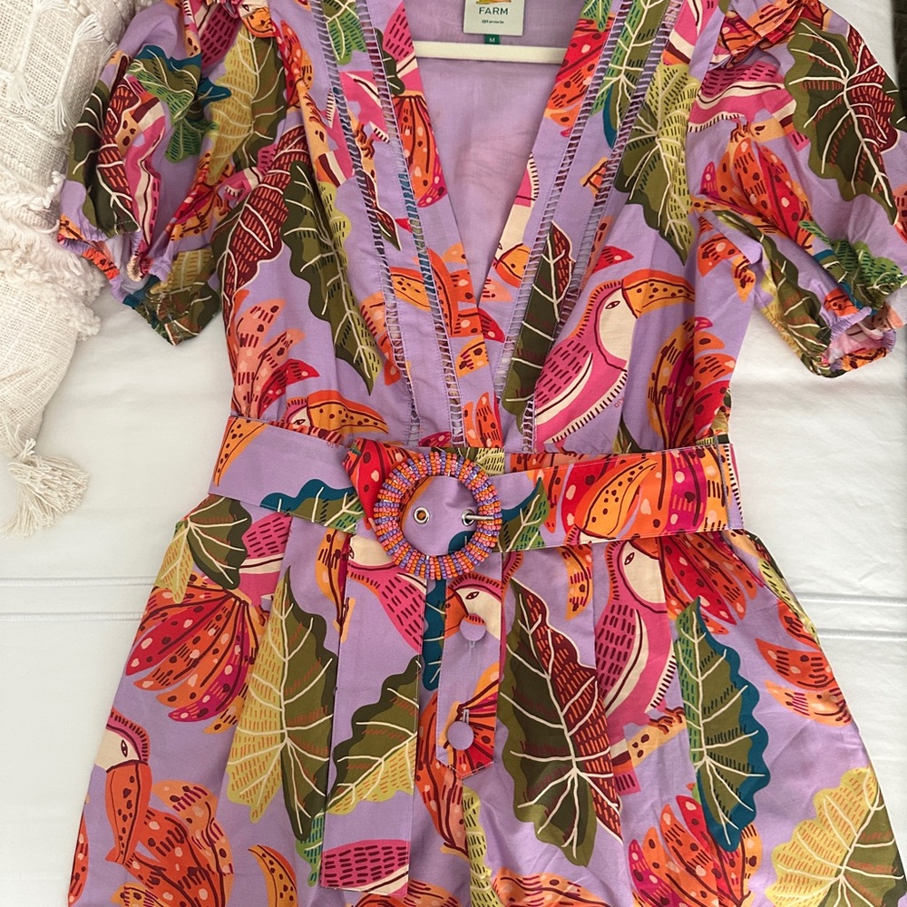 FARM Rio Purple Tropical-Print Romper with Beaded Buckle